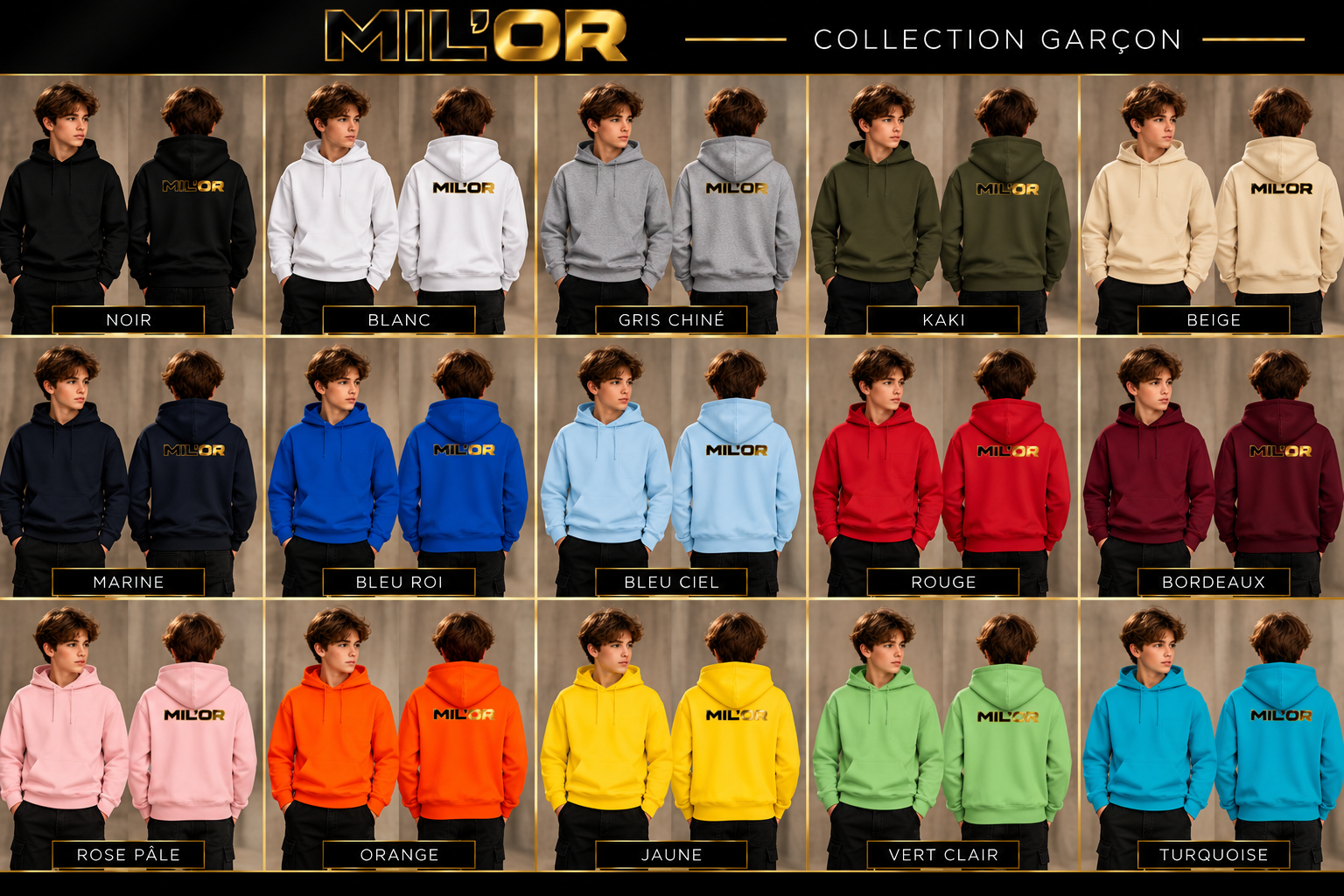 Visuel de la collection de pulls à capuche garçon MIL’OR